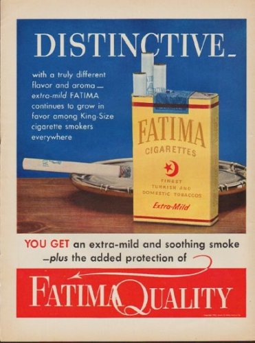 1952 Fatima Cigarettes Ad "Distinctive"