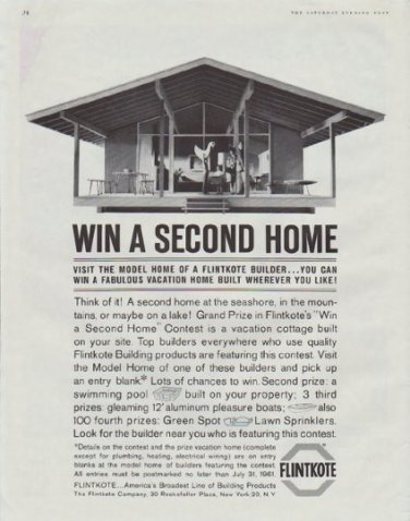1961 Flintkote Ad "Win A Second Home"