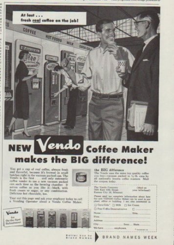 1958 Vendo Coffee Maker Ad "At last"