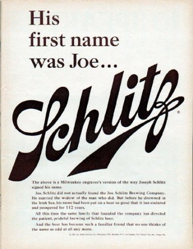 1961 Schlitz Beer Ad "His first name was Joe"