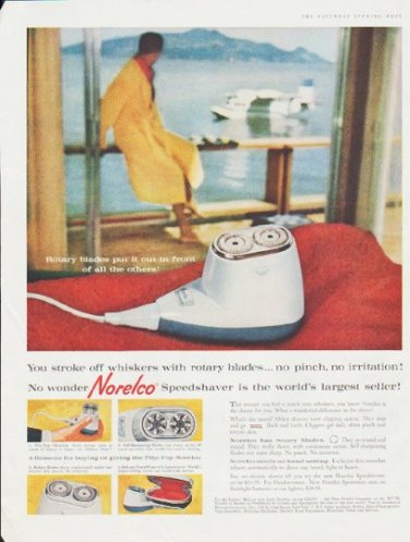 1959 Norelco Shaver Ad "stroke off whiskers"