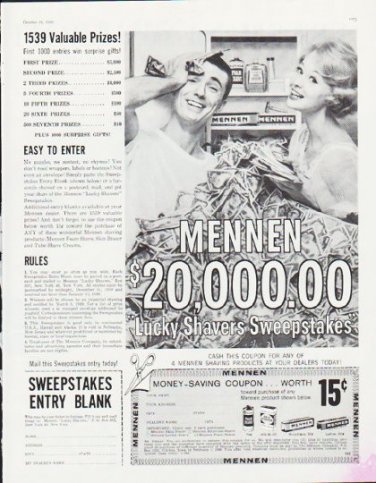 1959 Mennen Ad "Lucky Shavers Sweepstakes"