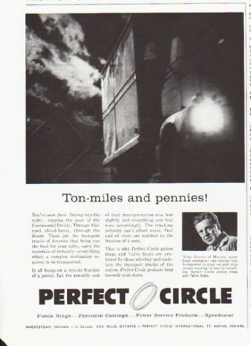1959 Perfect Circle Piston Rings Ad "Ton-miles"