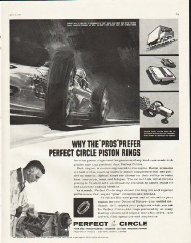 1961 Perfect Circle Piston Rings Ad "The "Pros""  2671