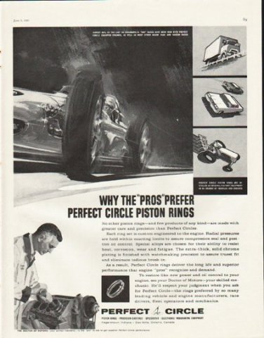 1961 Perfect Circle Piston Rings Ad "The "Pros""