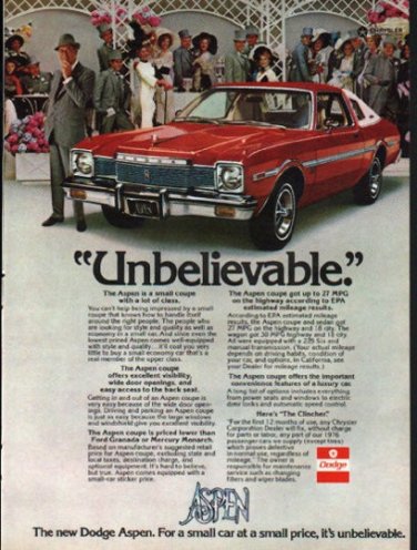 1976 Dodge Aspen Ad "Unbelievable" ~ (model year 1976)