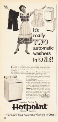 1953 Hotpoint Ad "two automatic washers in one"