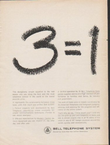 1962 Bell Telephone System Ad "3 equals 1"