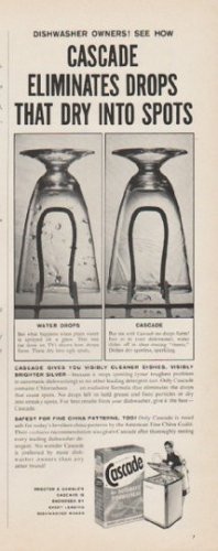 1961 Cascade Detergent Ad "Eliminates Drops"