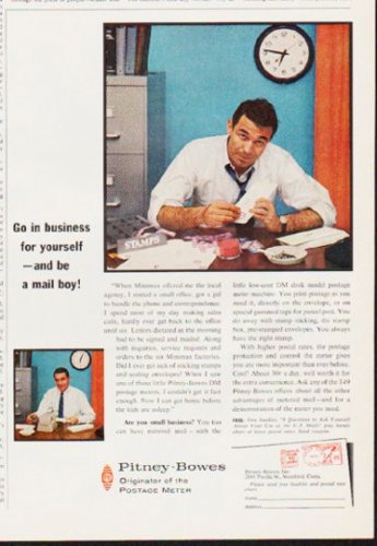 1963 Pitney-Bowes Ad "be a mail boy"