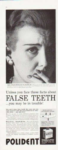 1957 Polident Ad "False Teeth"