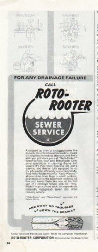 1965 Roto-Rooter Ad "any drainage failure"