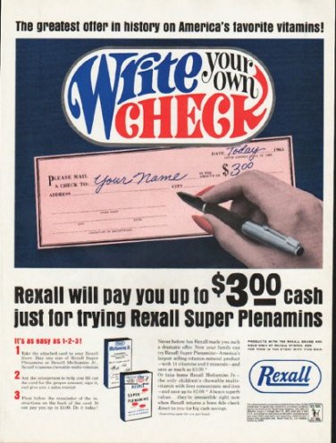 1965 Rexall Ad "Write your own Check"