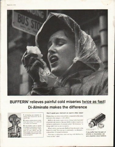 1958 Bufferin Ad "painful cold miseries"