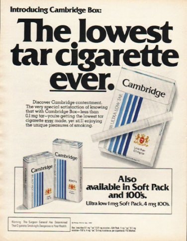 1980 Cambridge Cigarettes Ad "lowest tar cigarette"