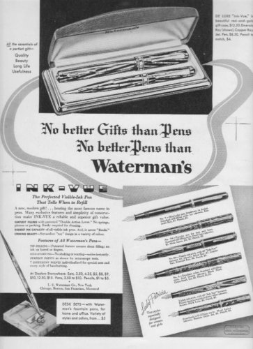 1937 Waterman's Pens Ad "No Better Gifts"