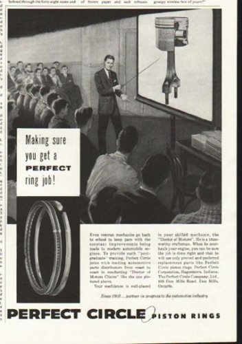 1958 Perfect Circle Piston Rings Ad "Making sure"