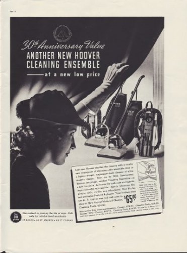 1937 Hoover Cleaning Ensemble Ad "30th Anniversary"