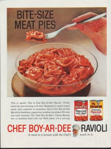 1960 Chef Boy-Ar-Dee Ravioli Ad "Bite-Size Meat Pies"