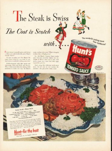 1948 Hunt's Tomato Sauce Ad "The Steak is Swiss"