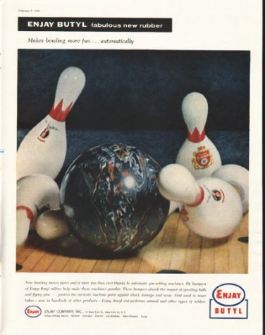 1958 Enjay Butyl Ad "bowling more fun"