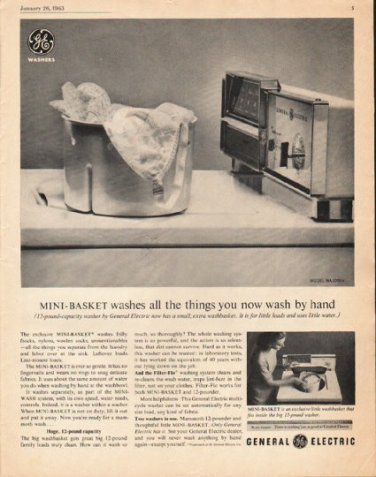 1963 General Electric Washing Machine Ad "Mini-Basket"
