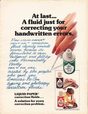 1980 Liquid Paper Correction Fluid Ad "At last"