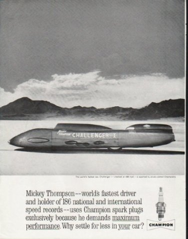 1963 Champion Spark Plugs Ad "Mickey Thompson"