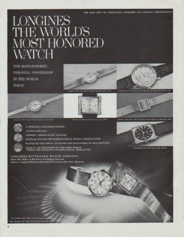 1965 Longines-Wittnauer Watch Ad "The World's Most Honored Watch"