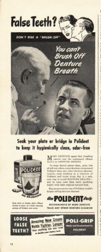 1948 Polident Denture Cleaner Ad "False Teeth?"