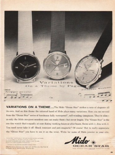 1961 Mido Watch Ad "Variations On A Theme"