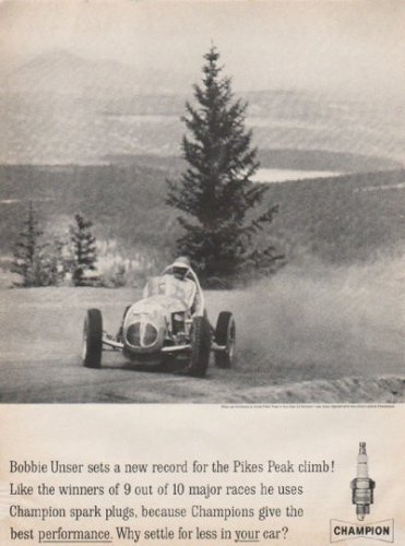 1961 Champion Spark Plugs Ad "Pikes Peak climb"