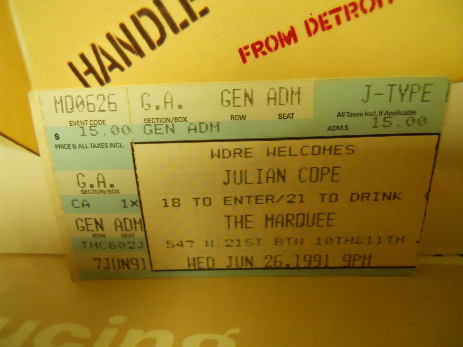 julian cope 1991 marquee club nyc EX used ticket stub #3