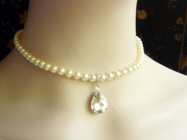 Swarovski Pearl Necklace - Classic Rhinestone Teardrop Bridal Wedding Jewelry
