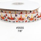 5 yard - 7/8" Thanksgiving Unicorn with Pumpkin, Fall leaf and Acorn on White Grosgrain Ribbon