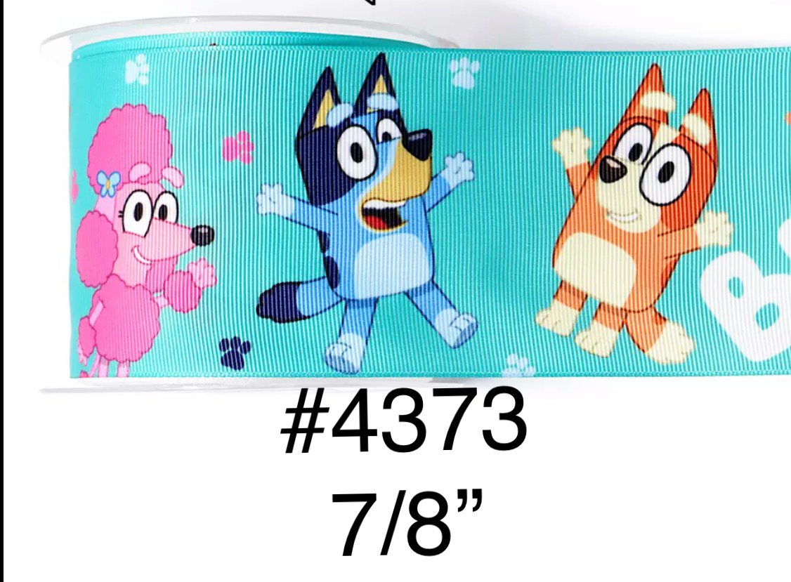 5 yd -  7/8" Animal Dog Blue Heeler, Brown Heeler & Pink Poodle w Dog Paw on Blue Grosgrain Ribbon