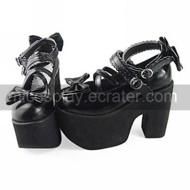 Handmade Black PU Leather 12cm High Heel Gothic Shoes with Bow