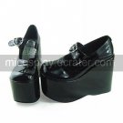 Black PU Leather 6cm Wedge Wood Pattern Sole Casual Lolita Shoes