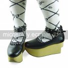 Black PU Leather 7cm Wedge Wood Pattern Sole Casual Lolita Shoes