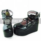 Black PU Leather Flower 9cm Wedge Sweet Lolita Shoes