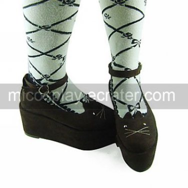 Brown Suede Upper PU Leather 9cm Wedge Cat Pattern Sweet Lolita Shoes