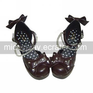 Coffee PU Leather 7.5cm High Heel Classic Loltia Shoes with Pearl