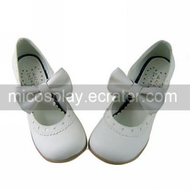 Cute White PU Leather 4.5cm High Heel Sweet Lolita Shoes with Bow