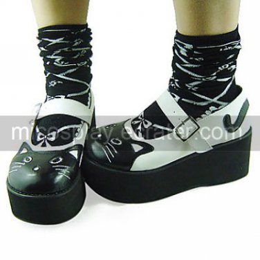 Handmade Black and White Cat Face PU Leather 7cm Platform Sweet Lolita Shoes