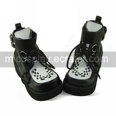 Handmade Black and White Check Pattern PU Leather 6cm Platform Punk Lolita Shoes