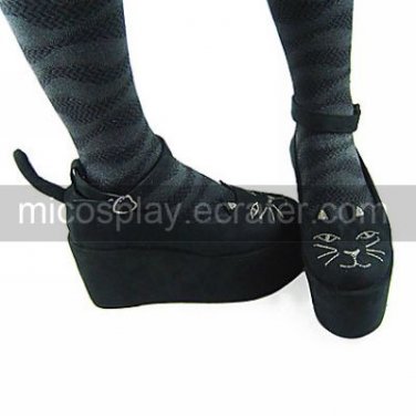 Handmade Black Cat Face Suede Upper 9cm Platform Sweet Lolita Shoes with Tail