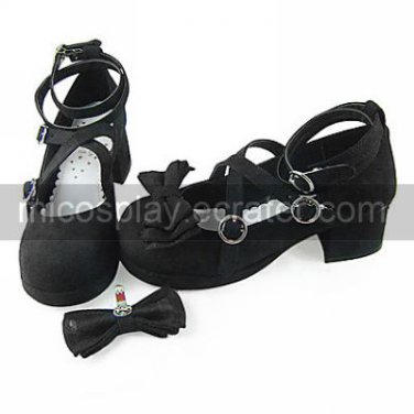Handmade Black PU Leather 4.5cm High Heel Classic Lolita Shoes with Bow