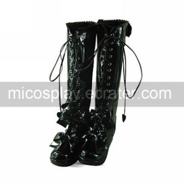 Handmade Black PU Leather 4.5cm Wedge Princess Lolita Boots