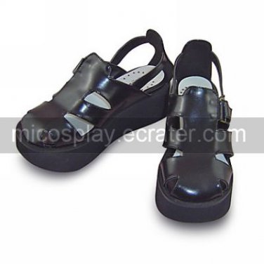 Handmade Black PU Leather 5cm Wedge Classic Lolita Sandals