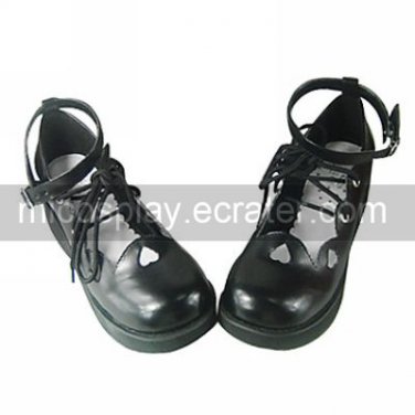 Handmade Black PU Leather 5cm Wedge Hollowed Heart Shape Trim Sweet Lolita Shoes